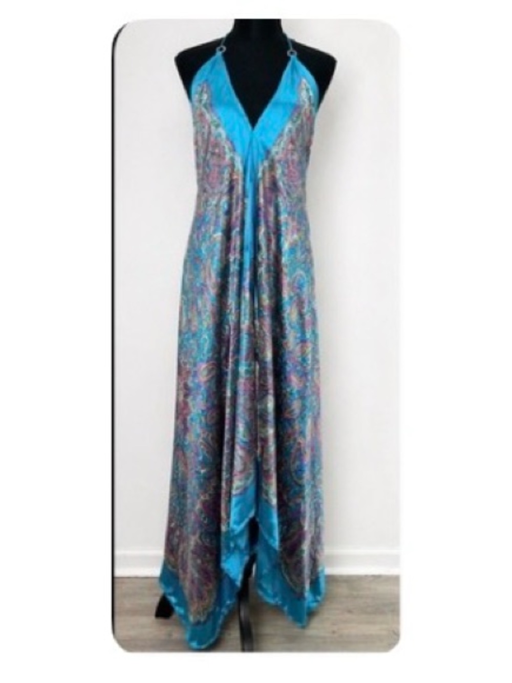 RARE - Kariza Silky Paisley Halter Maxi Dress Turquoise Boho Resort Flowing Sexy